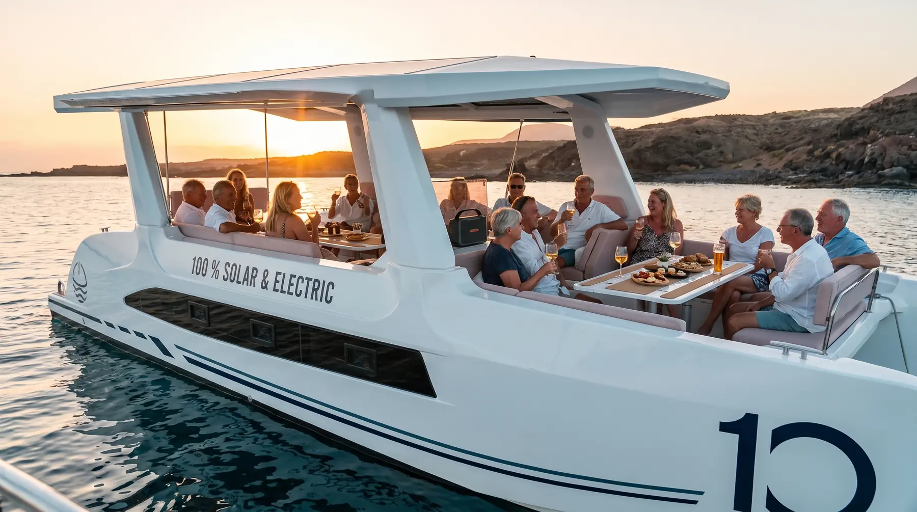 Rendering: a small group sharing drinks and tapas aboard the M10 at sunset