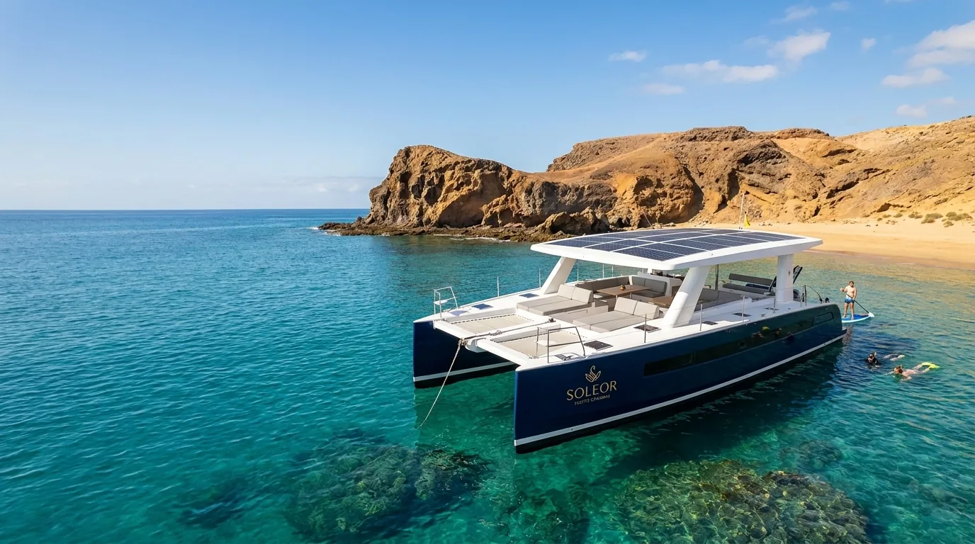 Recreación del Millikan M10 con los colores de Soleor fondeado en una cala de Lanzarote