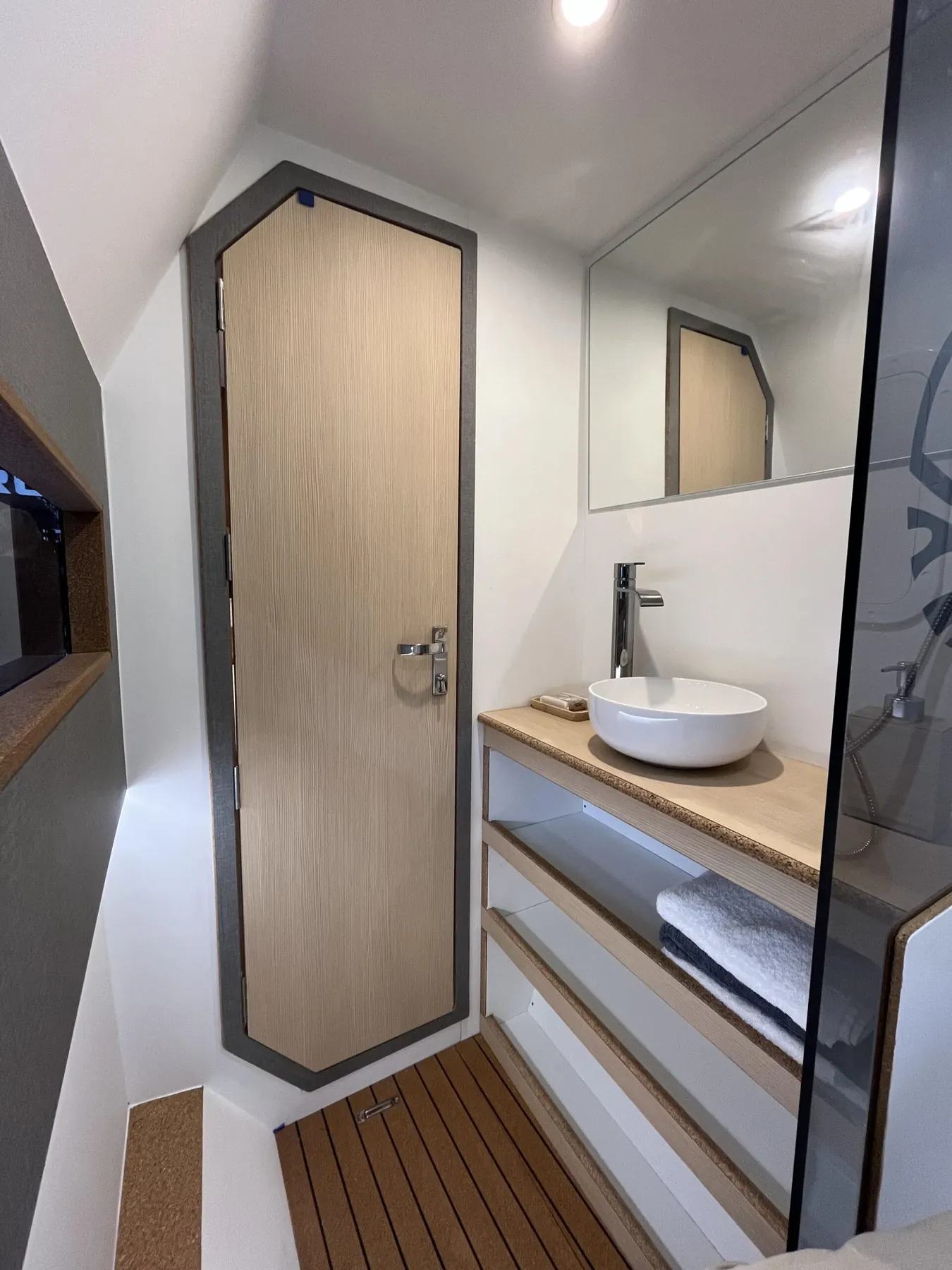 Head with shower door, basin and wood vanity