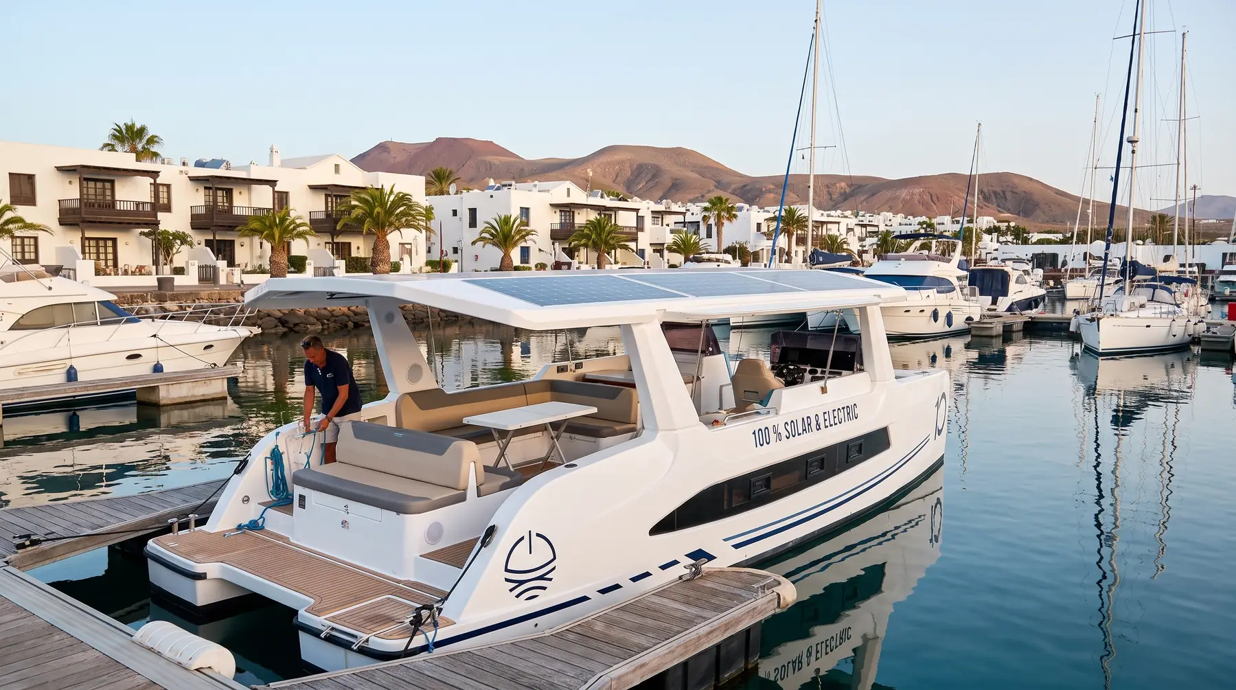 Visualisierung der M10 in einer Marina auf Lanzarote, der Skipper bereitet das Boot vor
