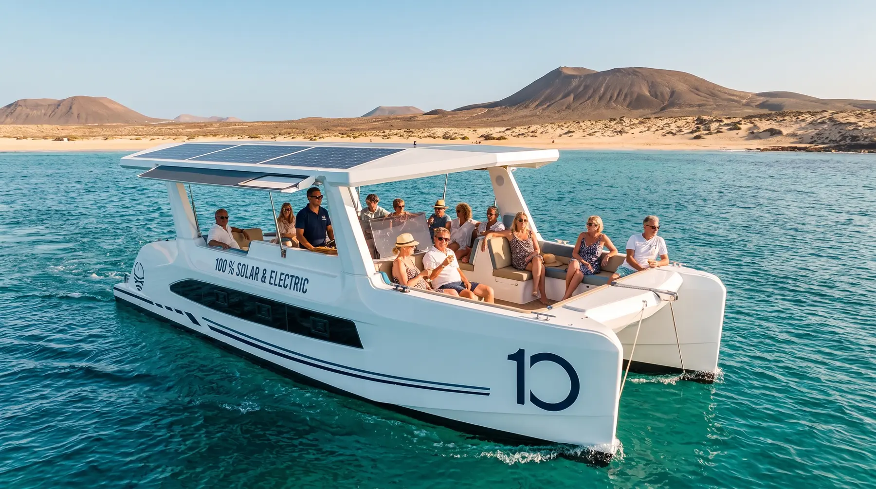 Rendering of the M10 commercial version with ten passengers and a skipper, cruising off La Graciosa