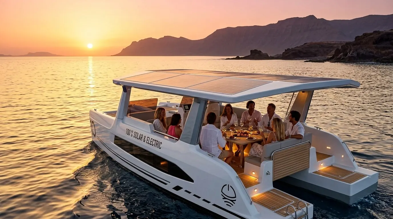 Guests dining aboard the M10 at sunset off Lanzarote