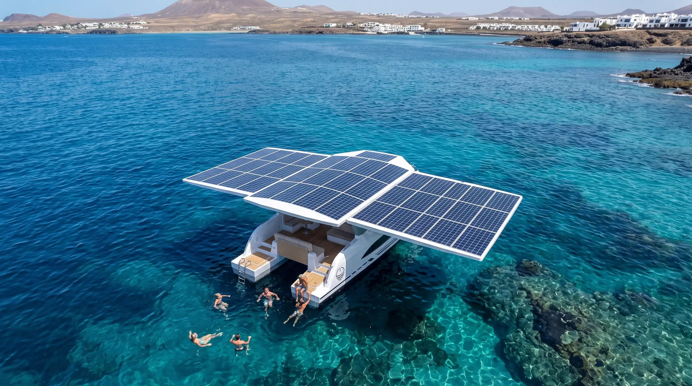 Rendering of the M10 at anchor off Lanzarote with its solar wings unfolded, guests swimming beside it