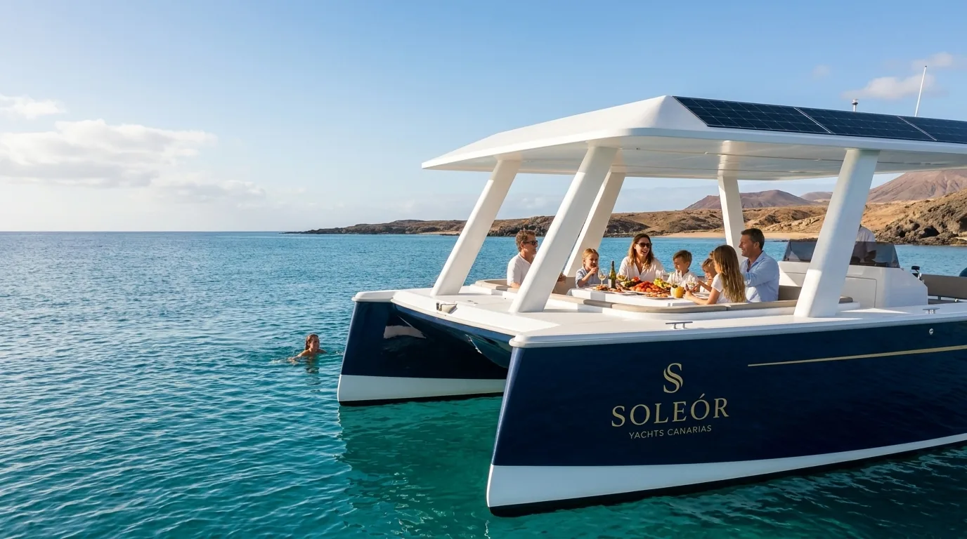 Rendering: a family celebrating aboard the M10 in Soleor livery at anchor