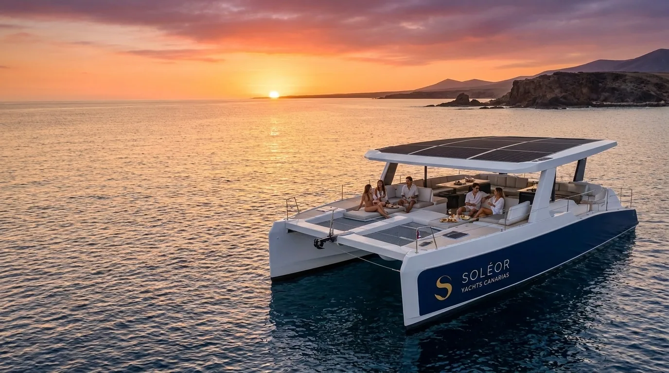 Rendering: a small group sharing drinks aboard the M10 in Soleor livery at sunset