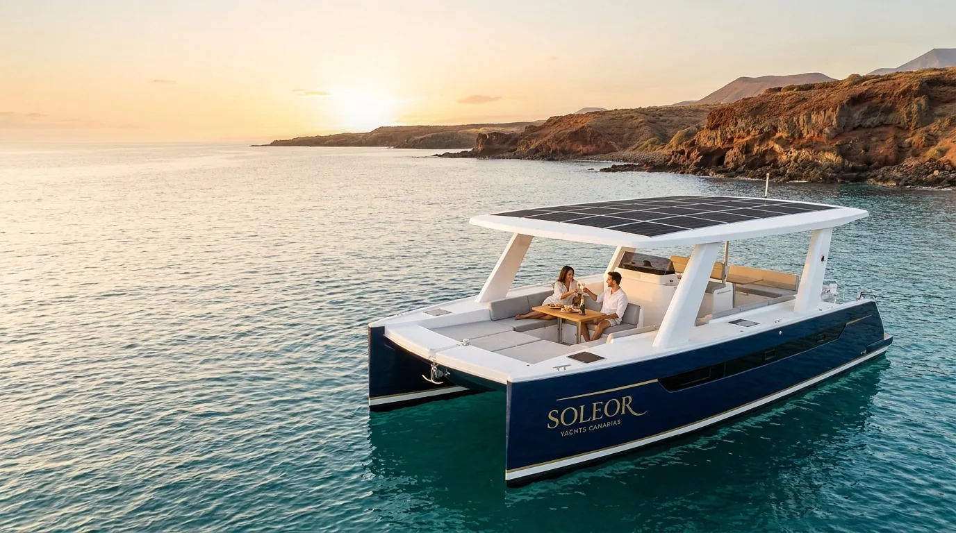 Rendering: a couple with tapas aboard the M10 in Soleor livery at sunset off Lanzarote