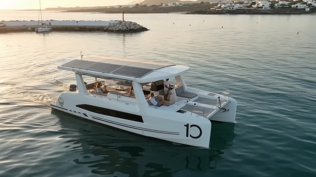 Rendering of guests aboard the Millikan M10 along the volcanic coast of Lanzarote in late-afternoon light