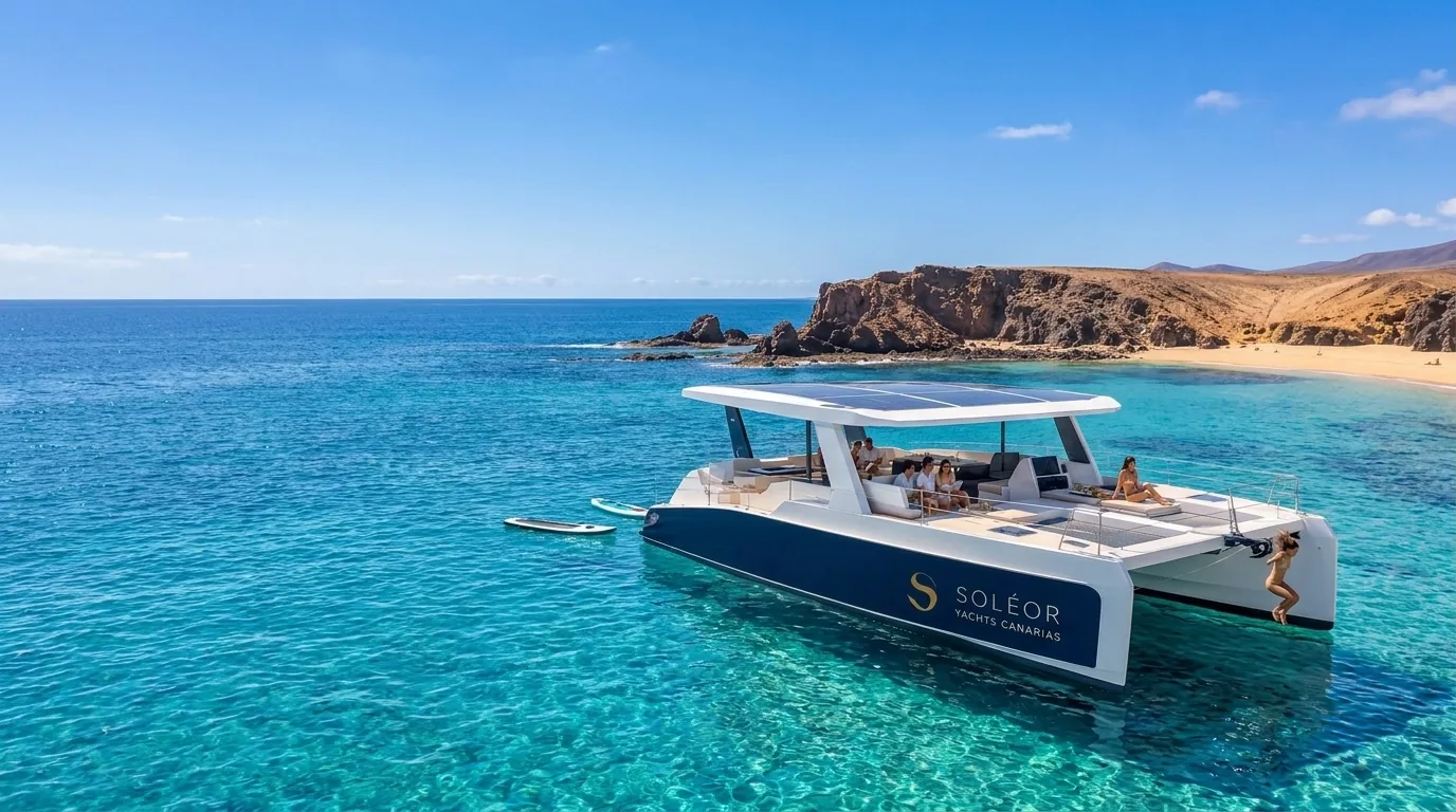 Rendering: guests aboard the M10 at anchor in a turquoise cove of Papagayo