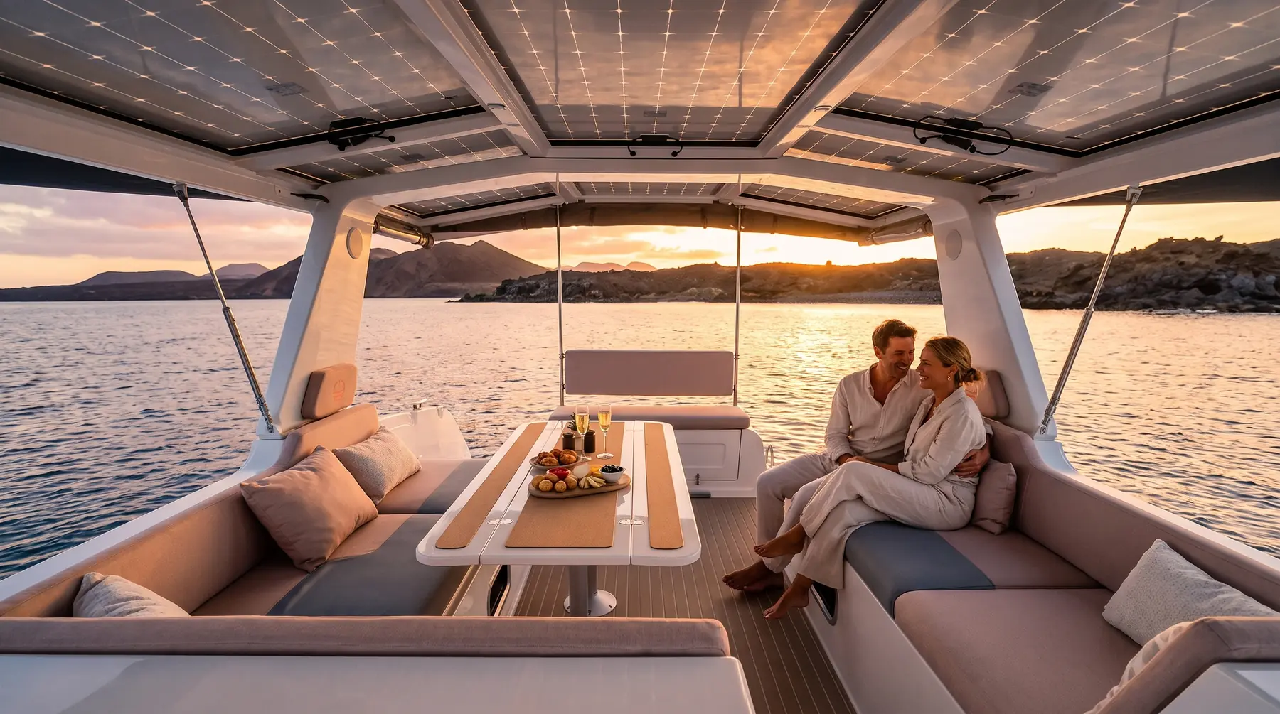 Rendering: a couple with tapas and cava aboard the M10 at sunset