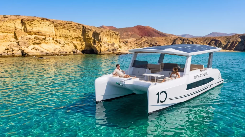 Rendering of the Millikan M10 at anchor in a turquoise cove below ochre cliffs, Papagayo, Lanzarote